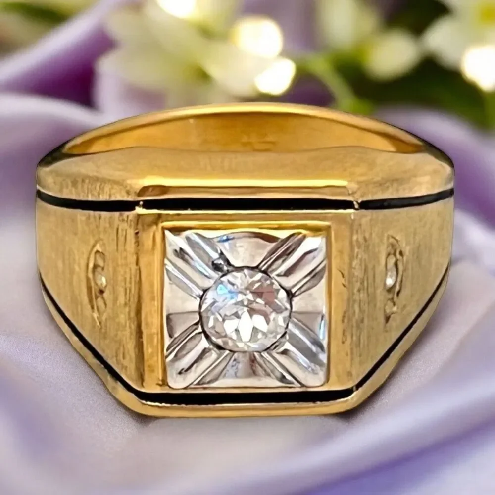 Vintage 1970s Ring Size 10 Uncas CZ Square Bezel Textured Gold Plated - 14O